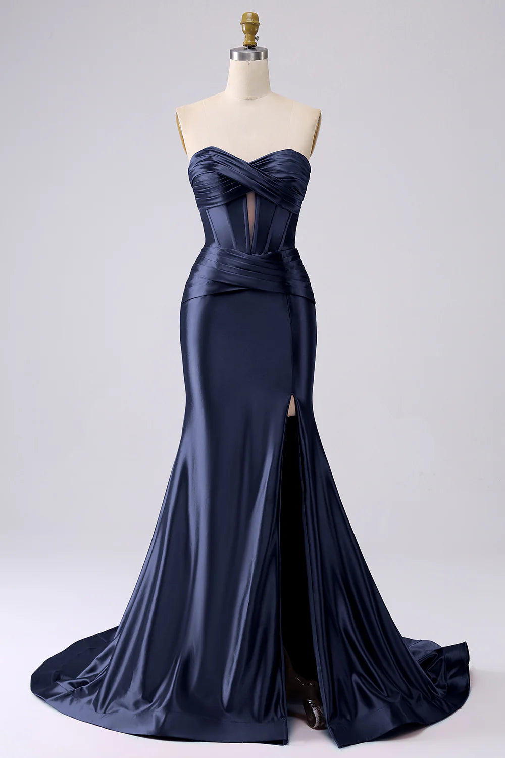 DingJiDress Sparkly Darrk Navy Mermaid Sweetheart Corset Long Prom Dress with Slit