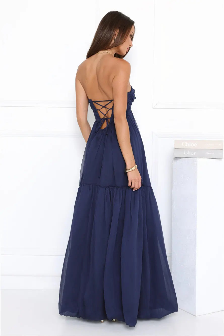 Airy A-line Strapless Sleeveless Lace-Up Chiffon Navy Blue Maxi Evening Dress