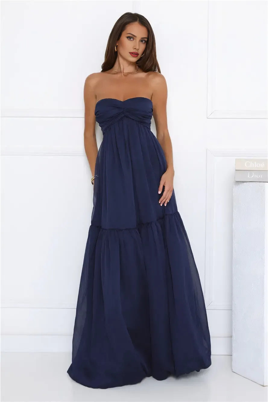 Airy A-line Strapless Sleeveless Lace-Up Chiffon Navy Blue Maxi Evening Dress