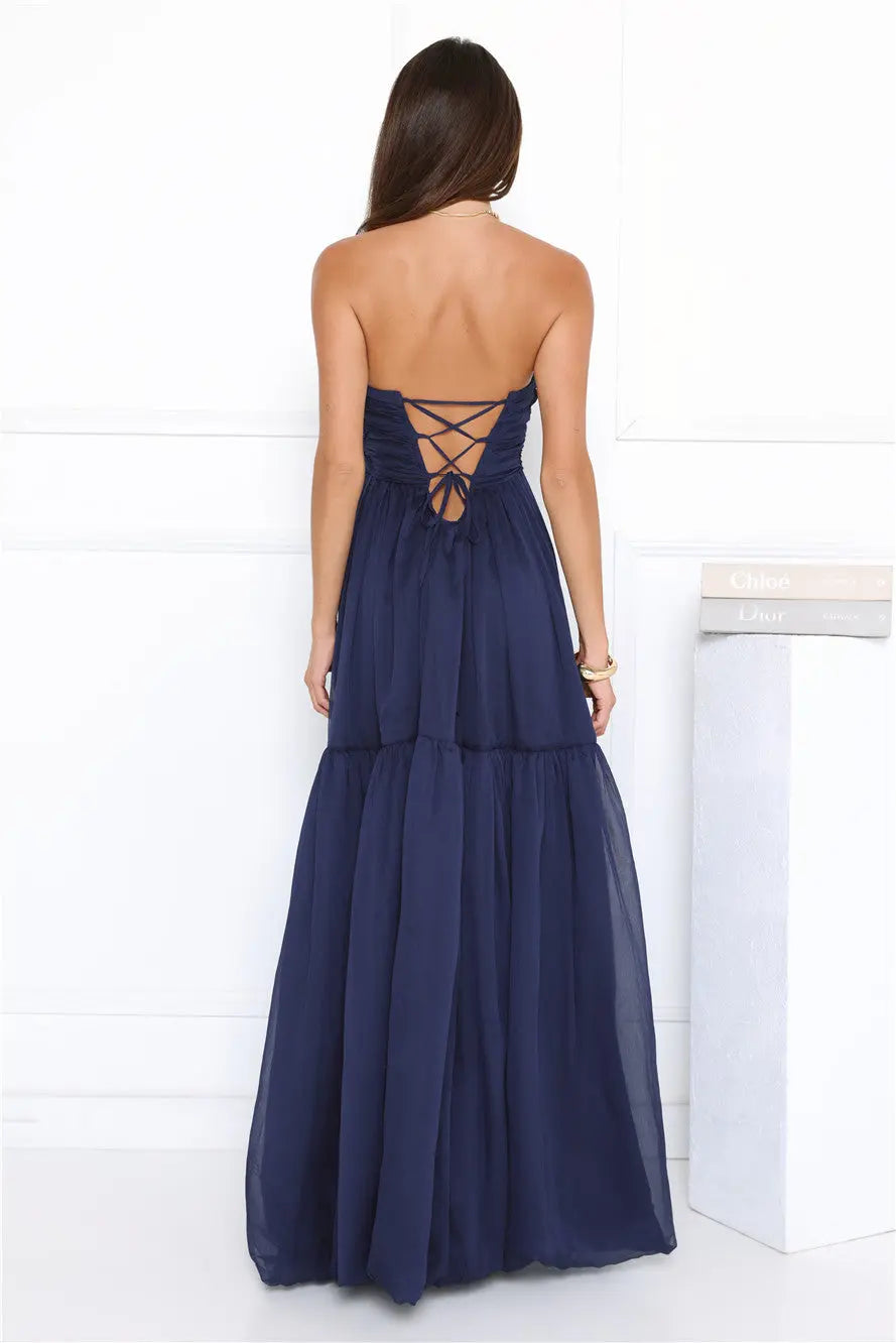 Airy A-line Strapless Sleeveless Lace-Up Chiffon Navy Blue Maxi Evening Dress