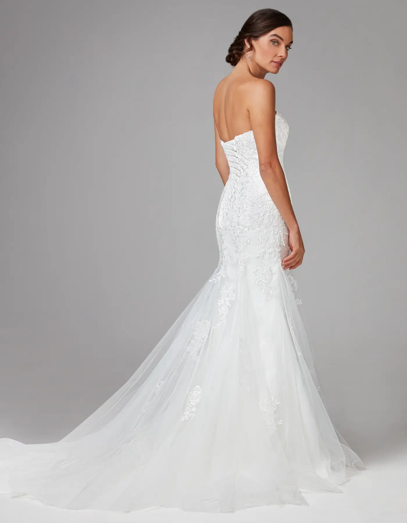 DingJiDress a strapless tulle mermaid with fine floral lace