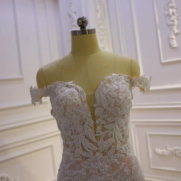 Floral Applique Illusion Plunging V Neck Mermaid Wedding Dresses