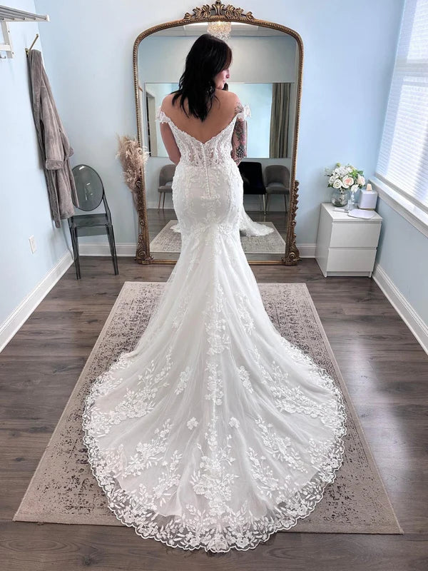 Mermaid Off The Shoulder Applique Wedding Dresses With Chapel Train