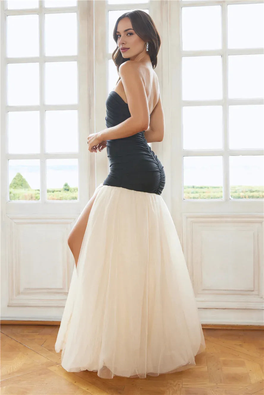 Appropriate Color Matching Mermaid Strapless Tulle Black Maxi Prom Dress With Slit