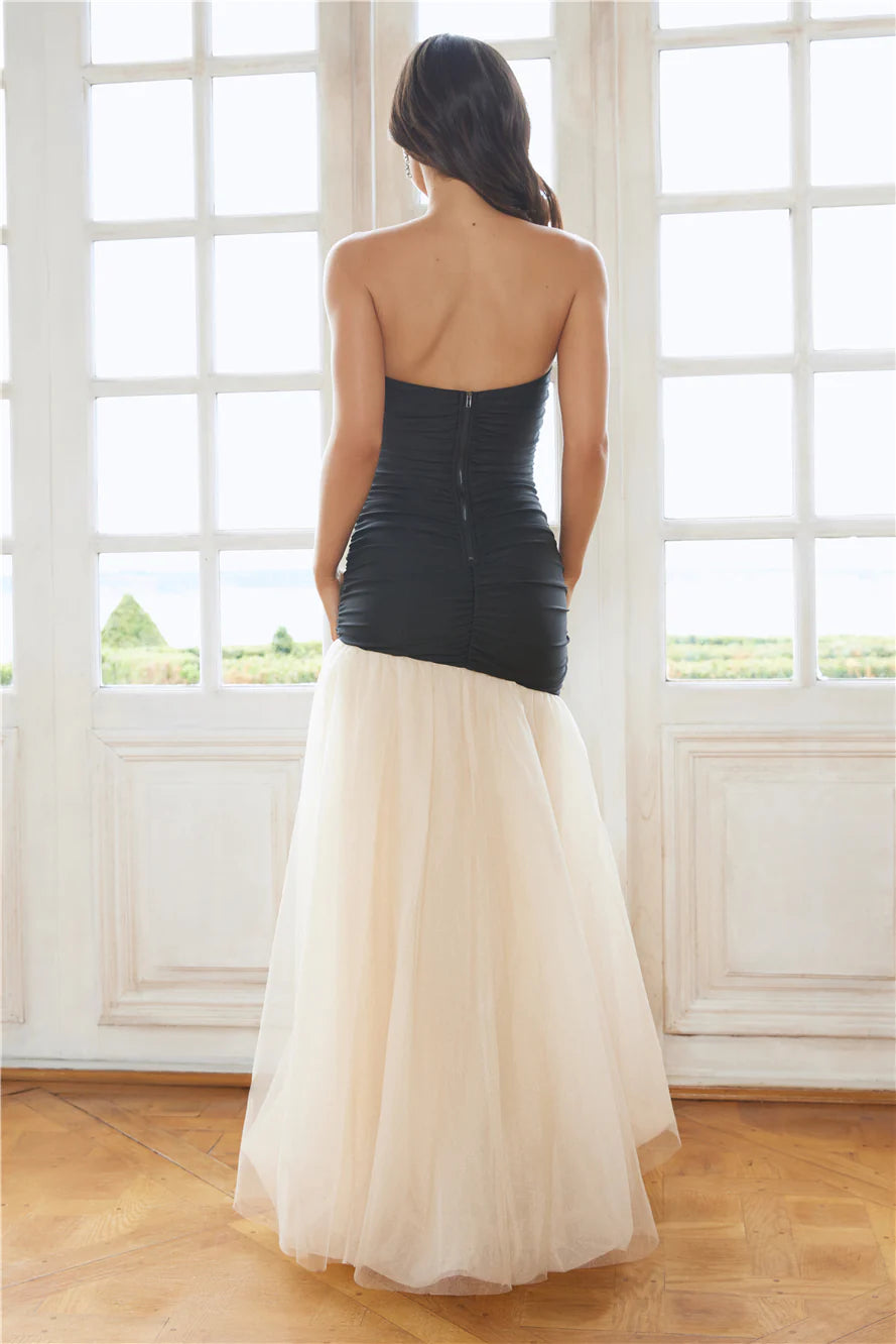 Appropriate Color Matching Mermaid Strapless Tulle Black Maxi Prom Dress With Slit