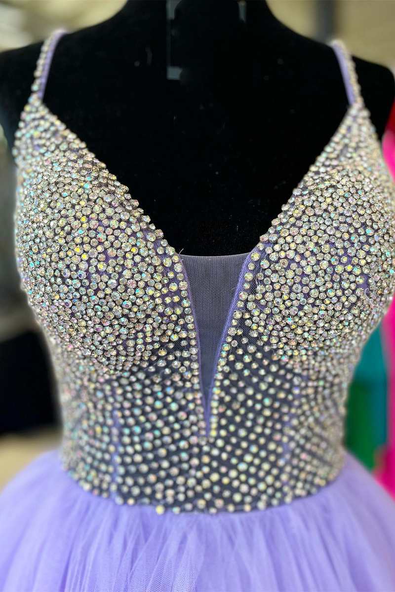 DingJiDress Prom Dress Asymmetrical High-Low Spaghetti Straps Beaded Multi-Tiered