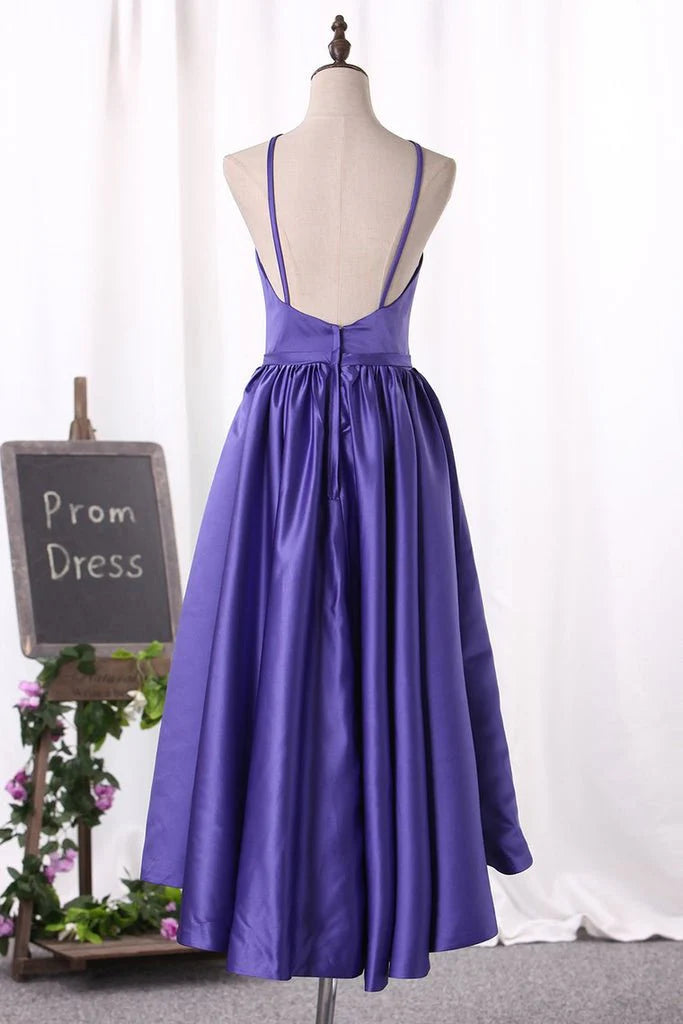 DingJiDress Cocktail Dresses Asymmetrical Spaghetti Straps A Line Satin