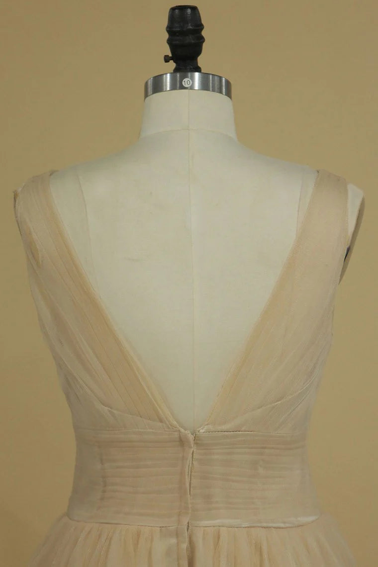 DingJiDress Bridesmaid Dresses A Line V Neck Open Back Ruched Bodice Tulle Floor Length