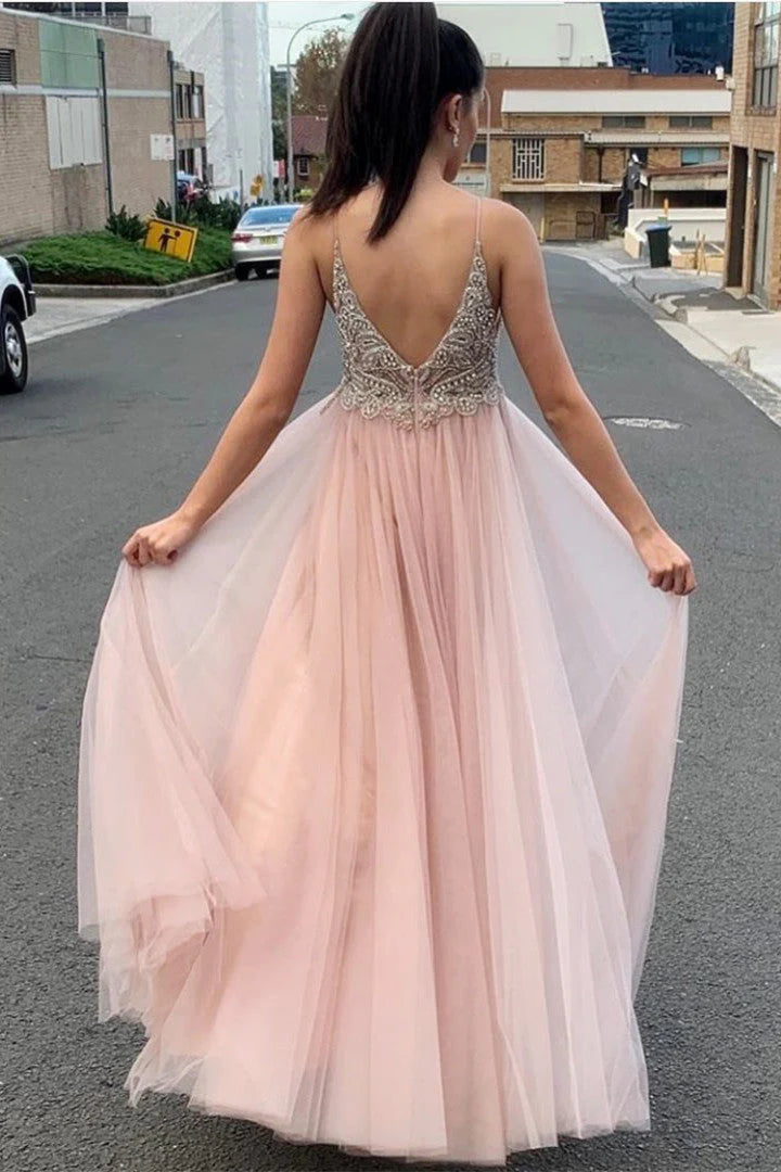 DingJiDress Prom Dresses Backless V Neck Sexy with Slit Beaded Evening Gowns