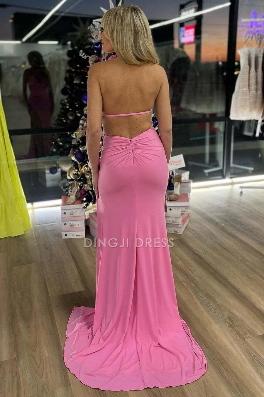 DingJiDress Formal Dress Charming Mermaid High Neck Floral Pleated Backless Party With Side Fashion Prom Dress