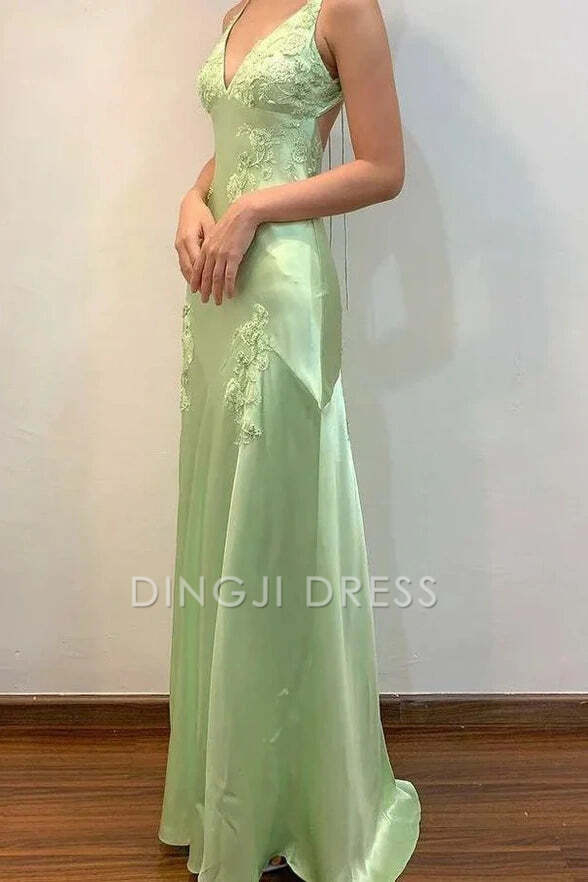 DingJiDress Formal Dress Elegant A-Line V-Neck Appliques Backless Party Fashion Prom Dress