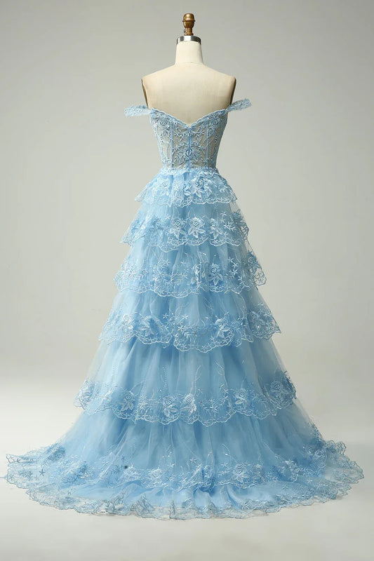 Ball Gown Off-Shoulder Tiered Sheer Lace Tulle Light Blue Maxi Prom Dress