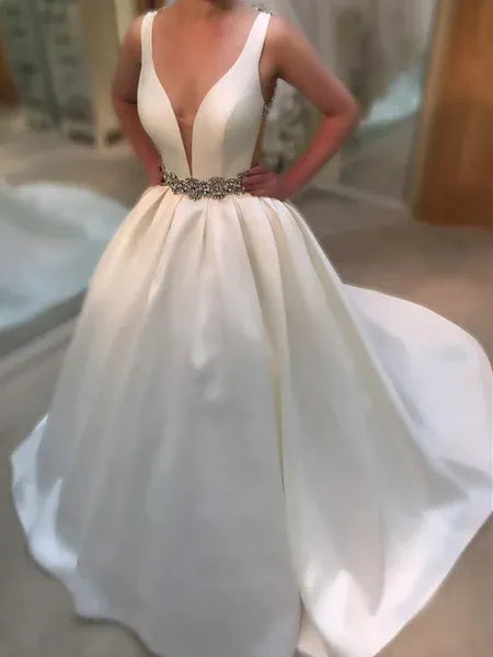 Ball gown V-Neck Beaded Open-Back Satin White Chapel Wedding Dress Custom