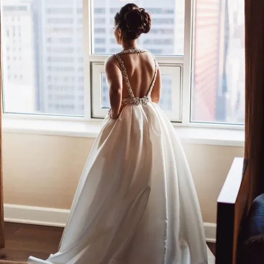 Ball gown V-Neck Beaded Open-Back Satin White Chapel Wedding Dress Custom