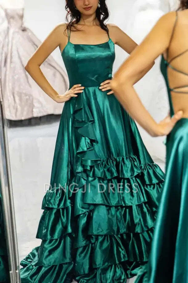DingJiDress Formal Dress Exquisite A Line Spaghetti Straps Ruched Tiered Backless Side Fork Satin Party Fashion Prom Dress