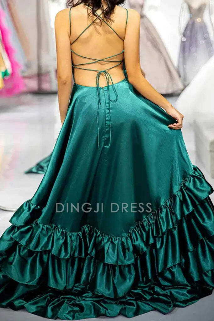 DingJiDress Formal Dress Exquisite A Line Spaghetti Straps Ruched Tiered Backless Side Fork Satin Party Fashion Prom Dress
