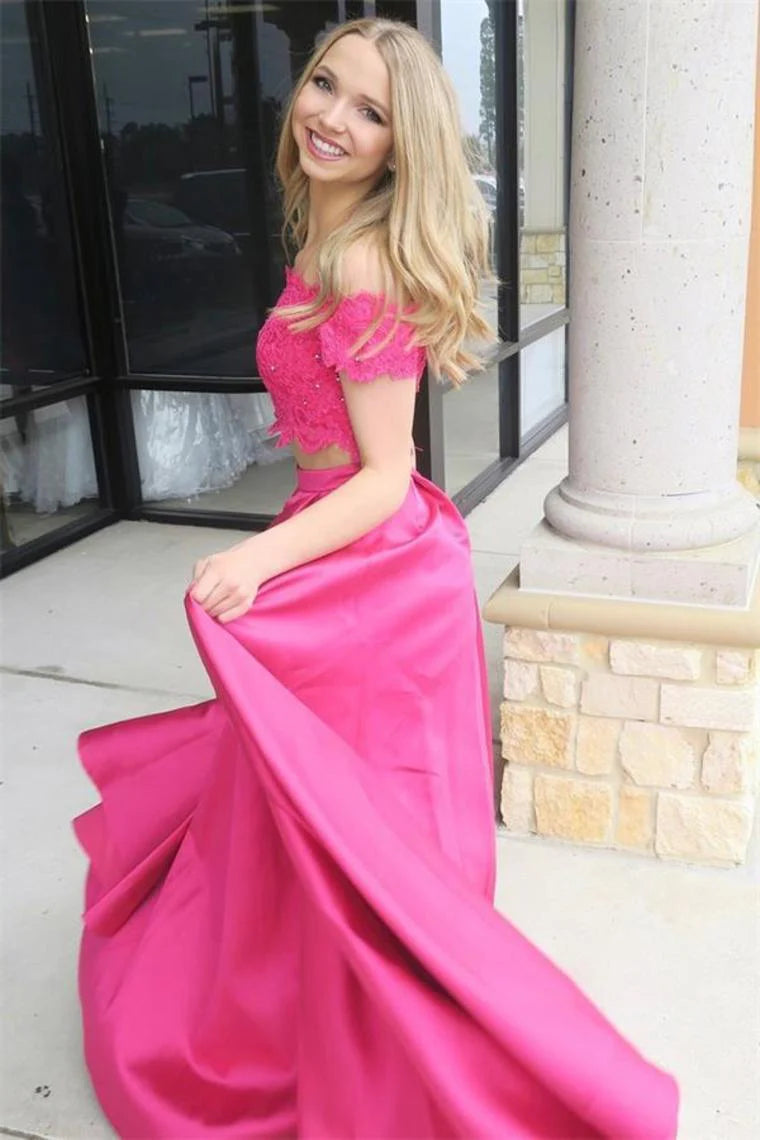 DingJiDress Beautiful 2 Pieces Long Prom Dresses Lace Beading Satin
