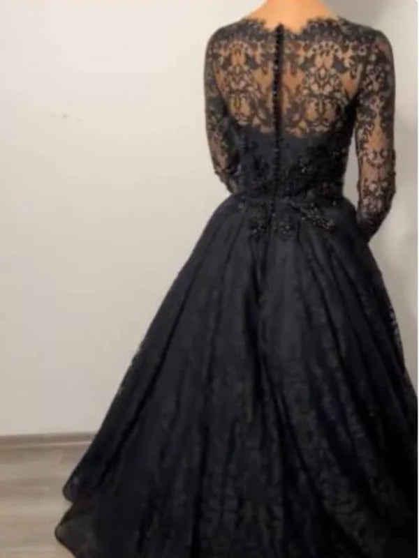 DingJiDress Black Gothic Long Sleeves Wedding Dress With Beads Lace