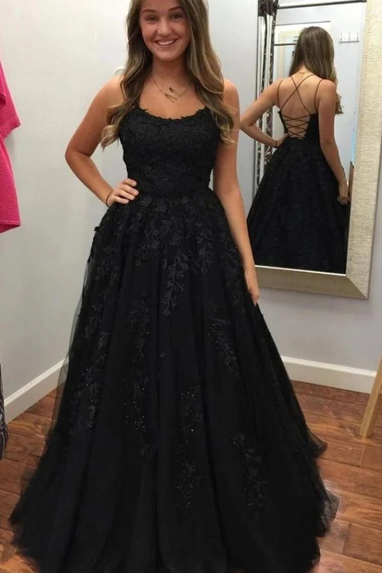 DingJiDress Long Evening Dress Lace Up Back Black Straps Floor Length Prom Dress With Appliques