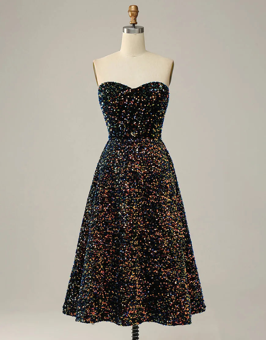 DingJiDress Black A-Line Tea Length Strapless Glitter Sequin Party Dress