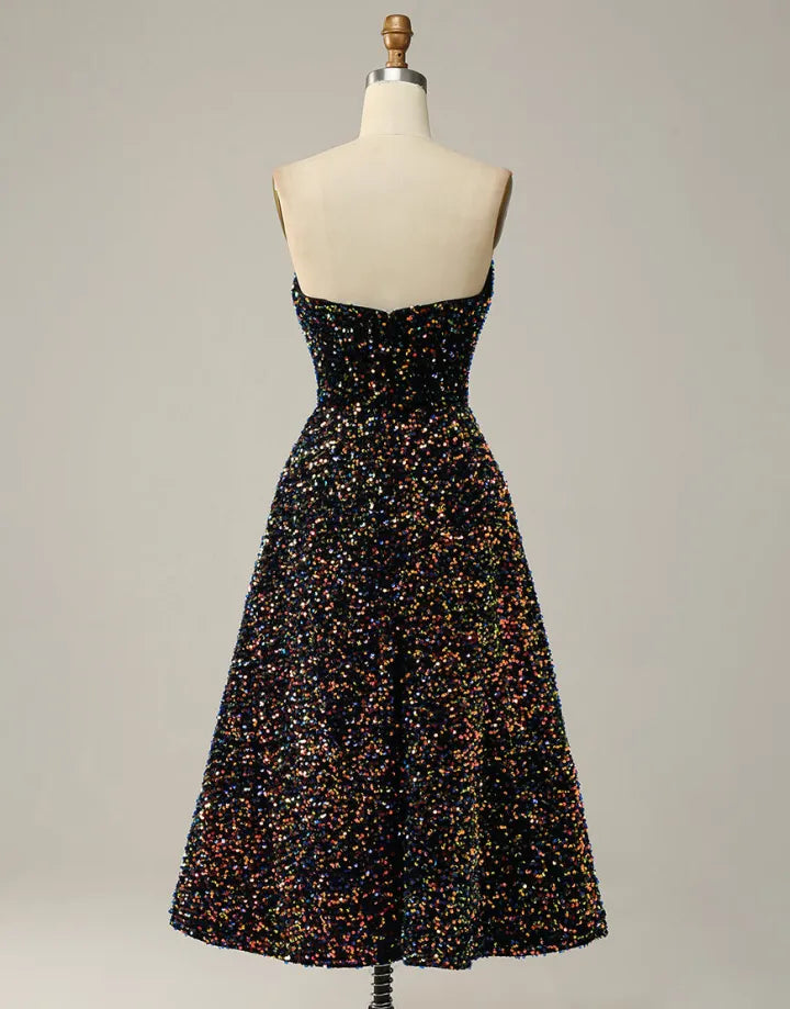 DingJiDress Black A-Line Tea Length Strapless Glitter Sequin Party Dress