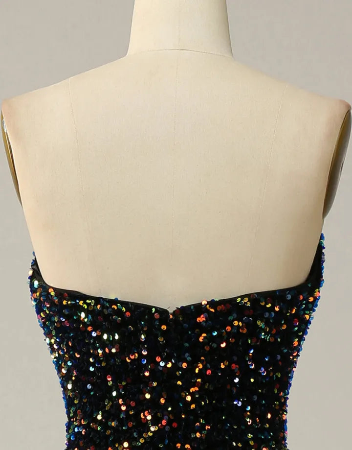 DingJiDress Black A-Line Tea Length Strapless Glitter Sequin Party Dress