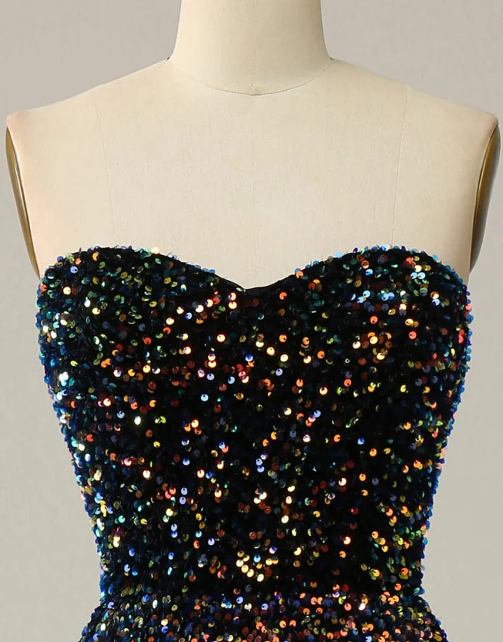 DingJiDress Black A-Line Tea Length Strapless Glitter Sequin Party Dress