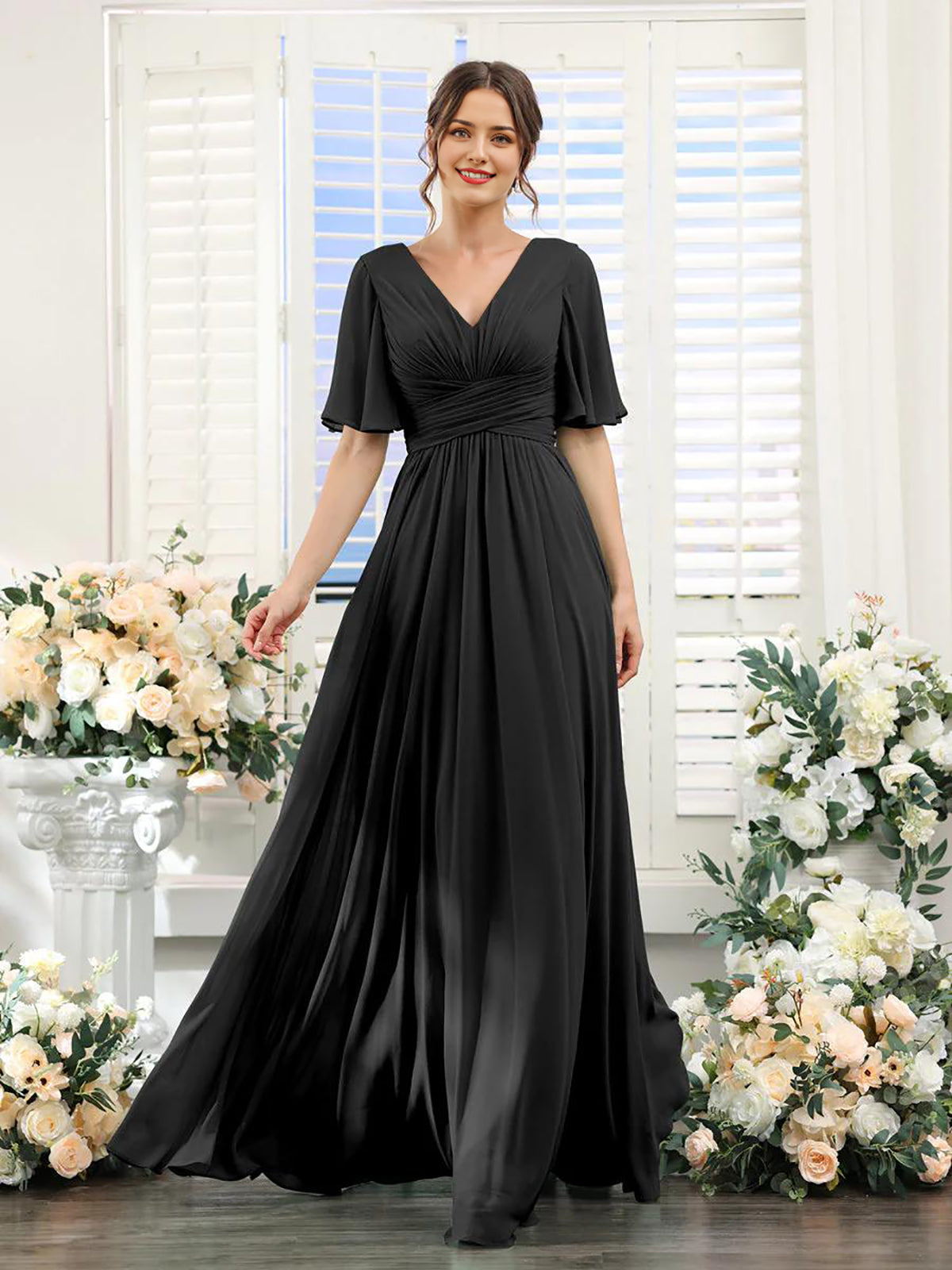 DingJiDress A-Line Bridesmaid Dress V-Neck Sleeve for Wedding Guest Long Formal Party Dresses with Slit