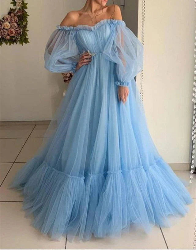 DingJiDress Quinceanera Dresses Tulle Off the Shoulder Modern Prom Dresses Long Sleeve