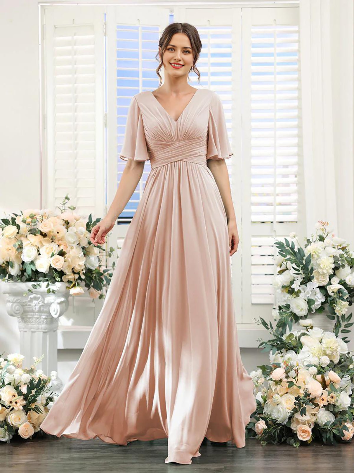 DingJiDress A-Line Bridesmaid Dress V-Neck Sleeve for Wedding Guest Long Formal Party Dresses with Slit
