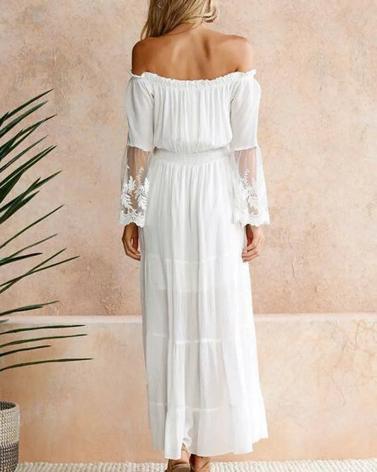 Bohemian A-Line Off-Shoulder 3/4 Sleeve Lace White Maxi Prom Dress for Women Ready to Ship