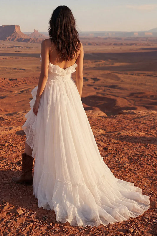 Bohemian A-Line Strapless Ruffled Ruched Ivory Train Wedding Dress