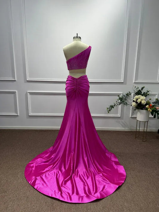 Bold Mermaid One-Shoulder Sleeveless Beaded Hot Pink Maxi Evening Dress for Women Custom