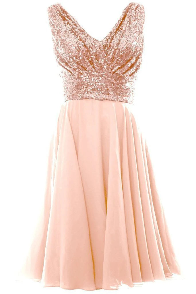 DingJiDress A Line V Neck Chiffon Short Bridesmaid Dress with Rose Gold Sequins Blush Pink