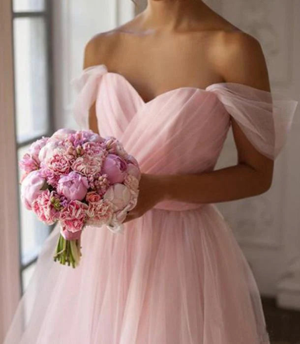 DingJiDress Sweetheart Short Bridesmaid Dresses Homecoming Dresses Pink Off the Shoulder Tulle