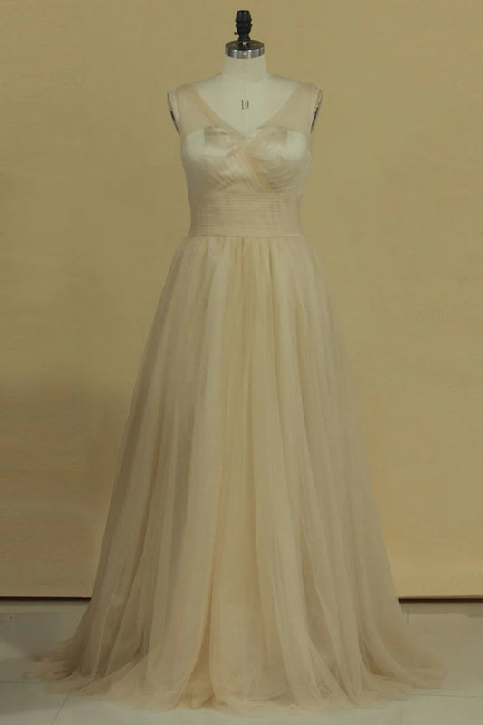 DingJiDress Bridesmaid Dresses A Line V Neck Open Back Ruched Bodice Tulle Floor Length