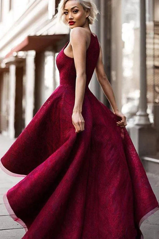 DingJiDress Maroon Lace Halter Prom Dress High Low