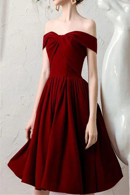 DingJiDress Prom Dresses Off the Shoulder Pleated Homecoming Dress, Knee Length