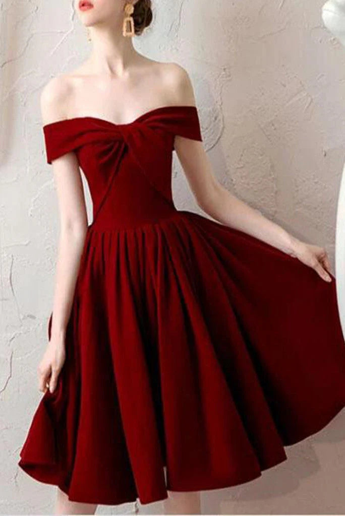 DingJiDress Prom Dresses Off the Shoulder Pleated Homecoming Dress, Knee Length