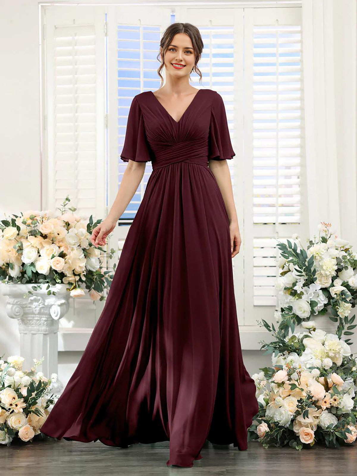DingJiDress A-Line Bridesmaid Dress V-Neck Sleeve for Wedding Guest Long Formal Party Dresses with Slit
