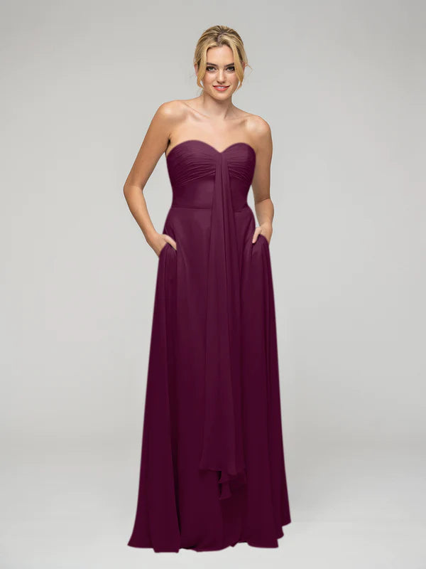 A Line Chiffon Strapless Bridesmaid Dresses With Ribbons