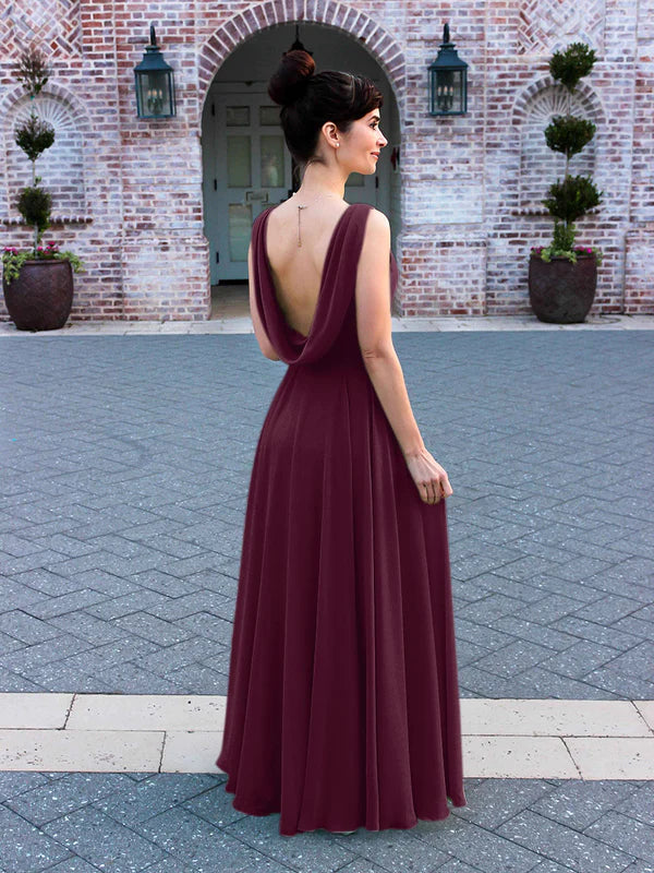 DingJiDress Cowl Neck Chiffon A Line Bridesmaid Dresses With Draped Back Bridesmaid Dresses