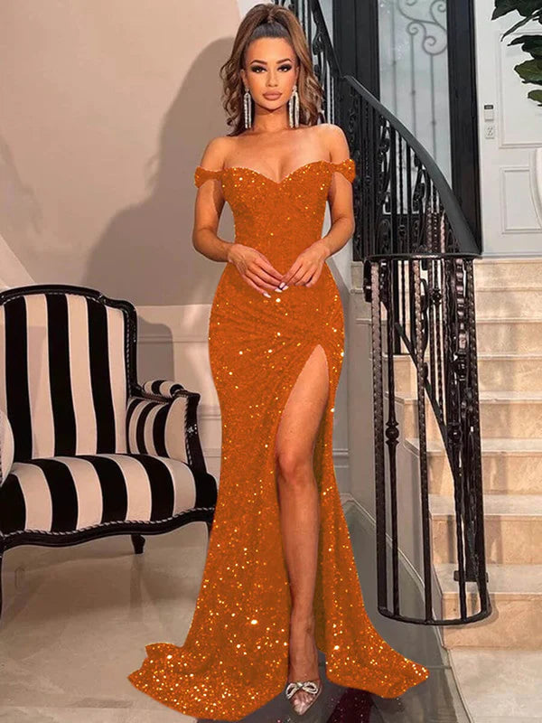 DingJiDress Sheath Off the Shoulder Short Sleeves Sweep Train Velvet Sequin Prom Dress