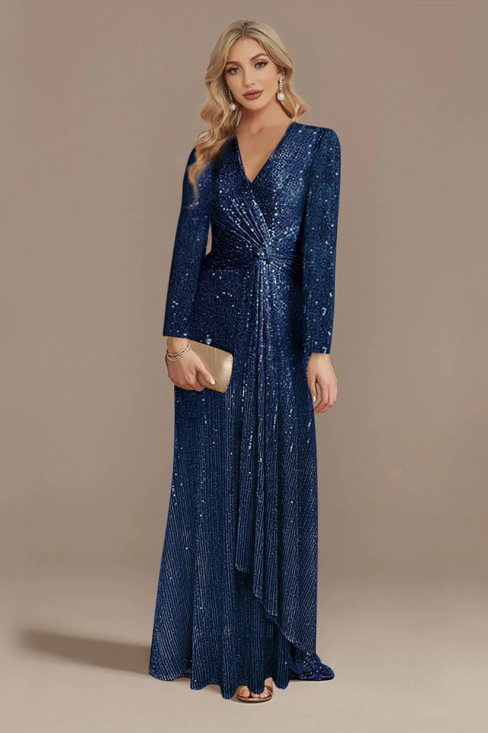 DingJiDress Elegant Glitter Navy V-Neck Mother of the Bride Dress with Long Sleeves Bridesmaid Dresses