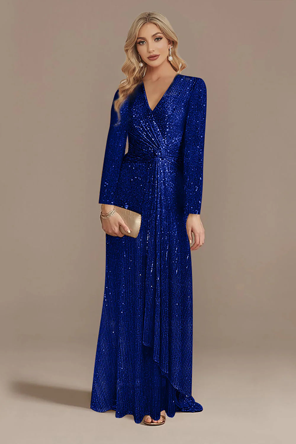 DingJiDress Elegant Glitter Navy V-Neck Mother of the Bride Dress with Long Sleeves Bridesmaid Dresses