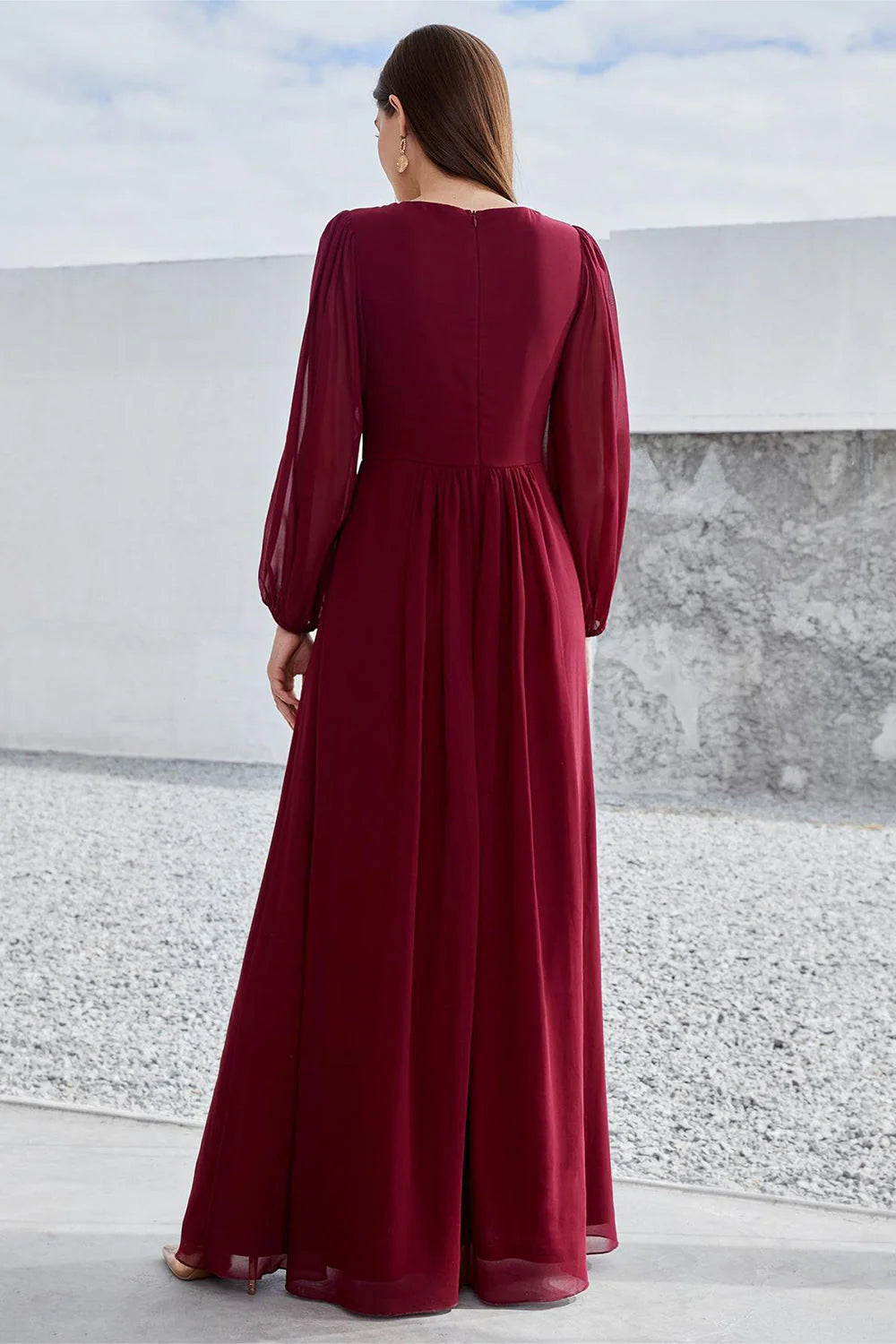 DingJiDress Burgundy A Line Long Sleeves Floor Length Wedding Party Dress Fall Wedding Guest Dress November