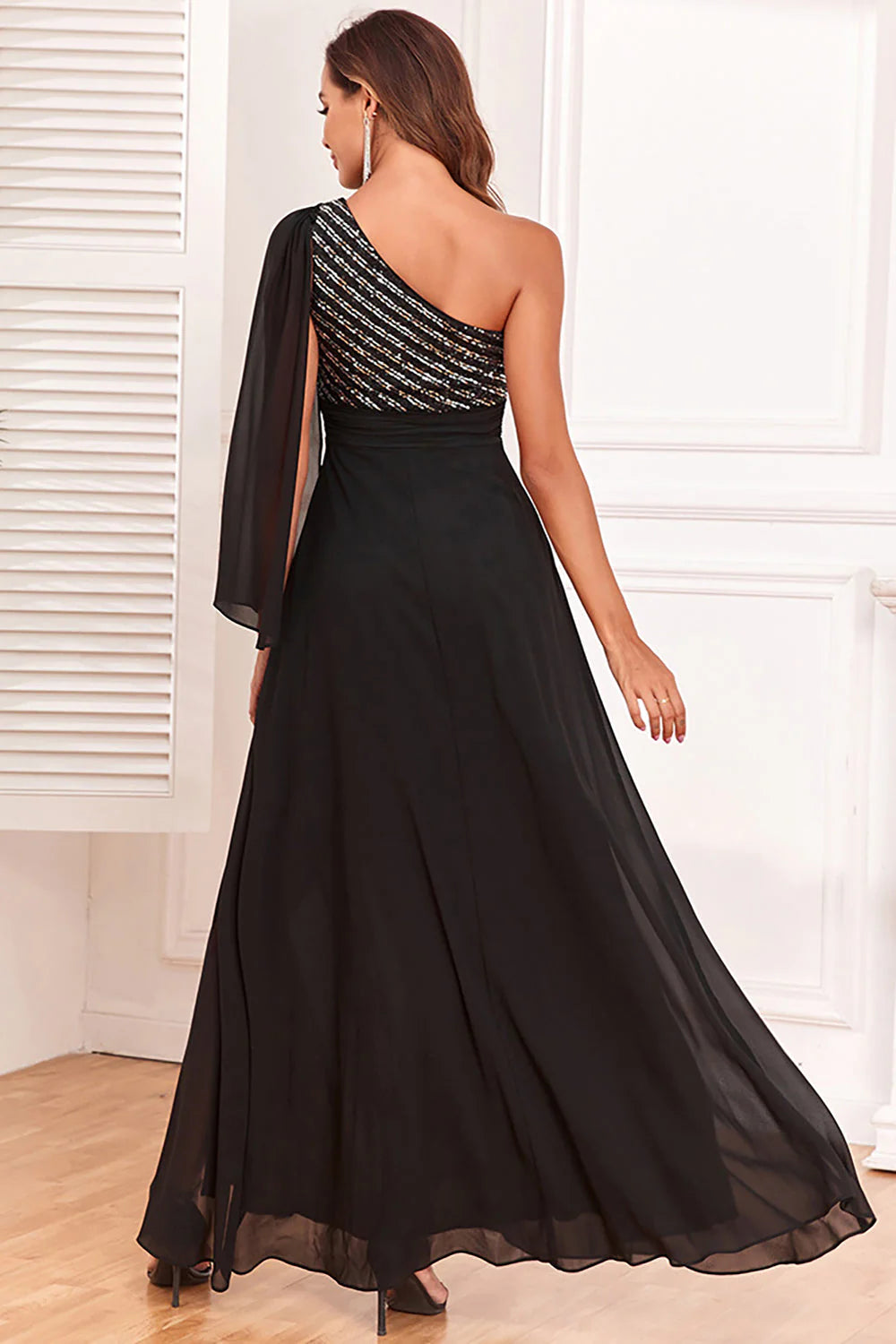 DingJiDress Fashion Sparkly Black One Shoulder Floor-Length Dress with Sequins Fall Wedding Guest Dress November