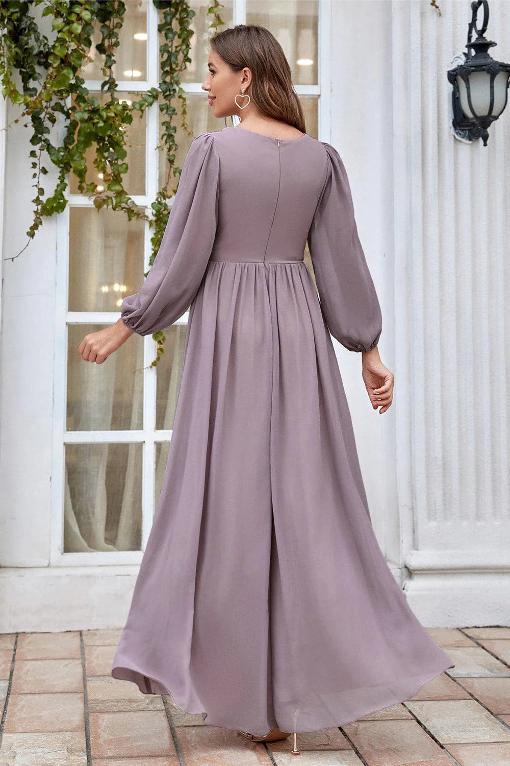 DingJiDress Burgundy A Line Long Sleeves Floor Length Wedding Party Dress Fall Wedding Guest Dress November