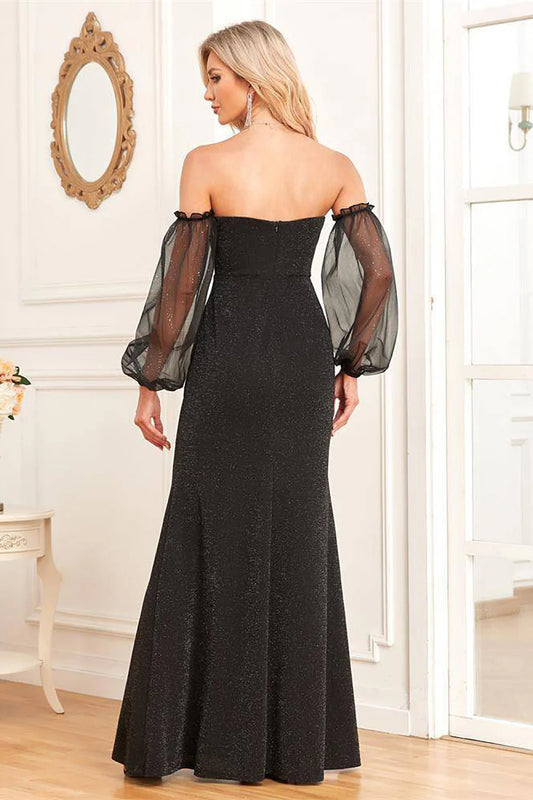 DingJiDress Black Wedding Guest Dresses Sheath Sparkly Long Formal Dress With Removable Sleeves Prom Dresses