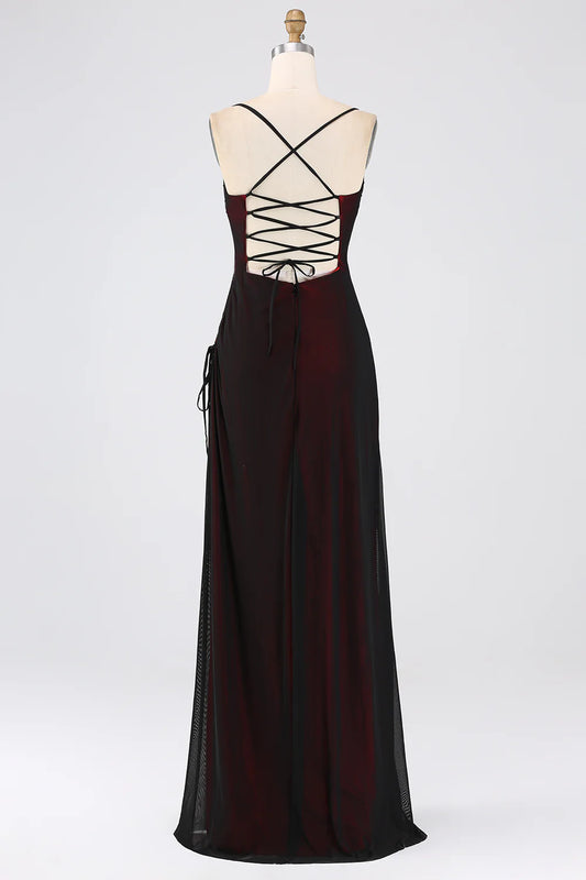 DingJiDress Black Red Wedding Guest Dresses Sheath Spaghetti Straps Floor Length Bridesmaid Dress